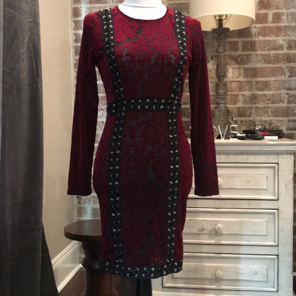 Burgundy Velvet Croset Laced Dress Sz S NWOT